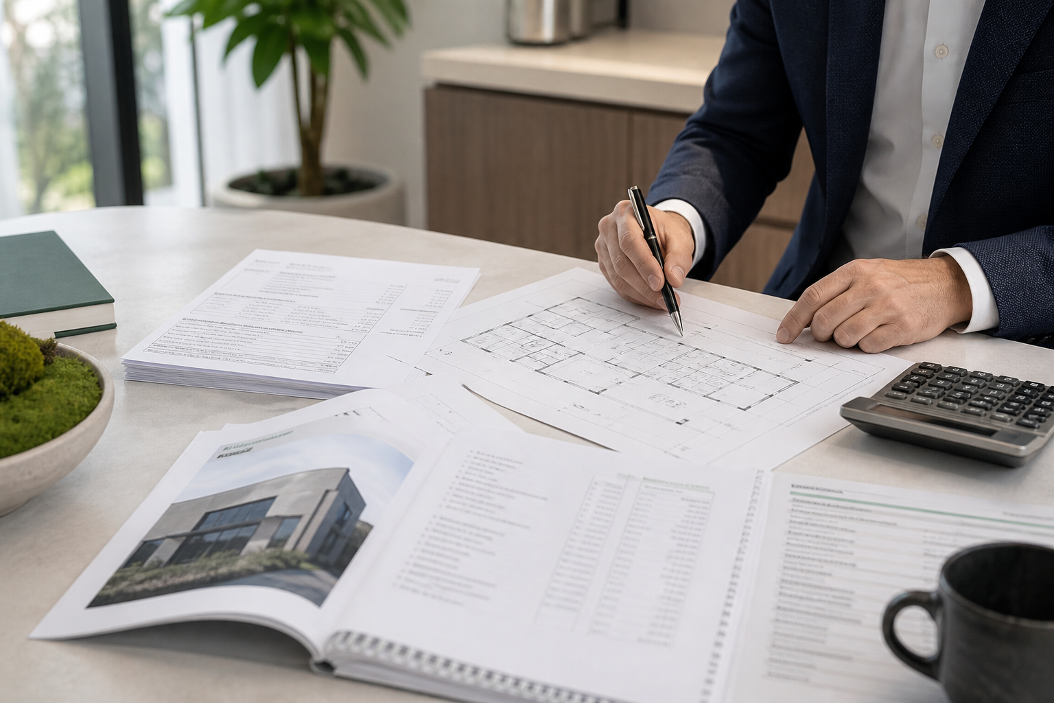 CPA reviewing a commercial property plan, fixed-asset records, and cost segregation documents
